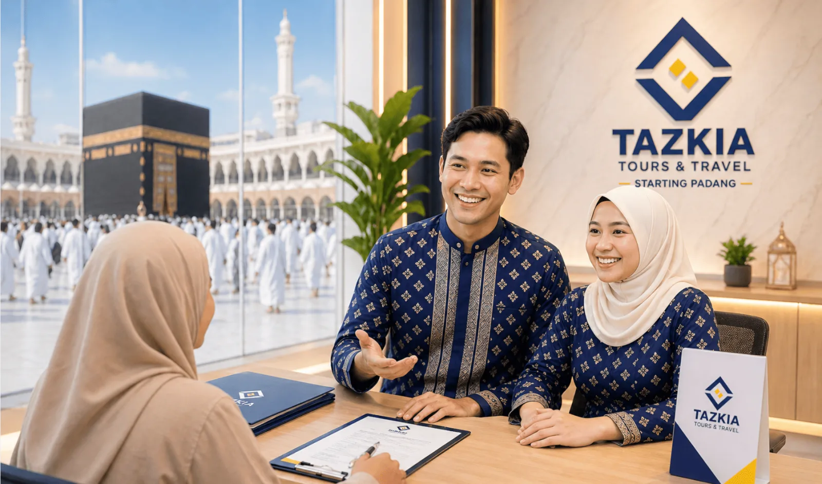 Calon jamaah berbincang dengan tim perjalanan tentang rencana Umroh