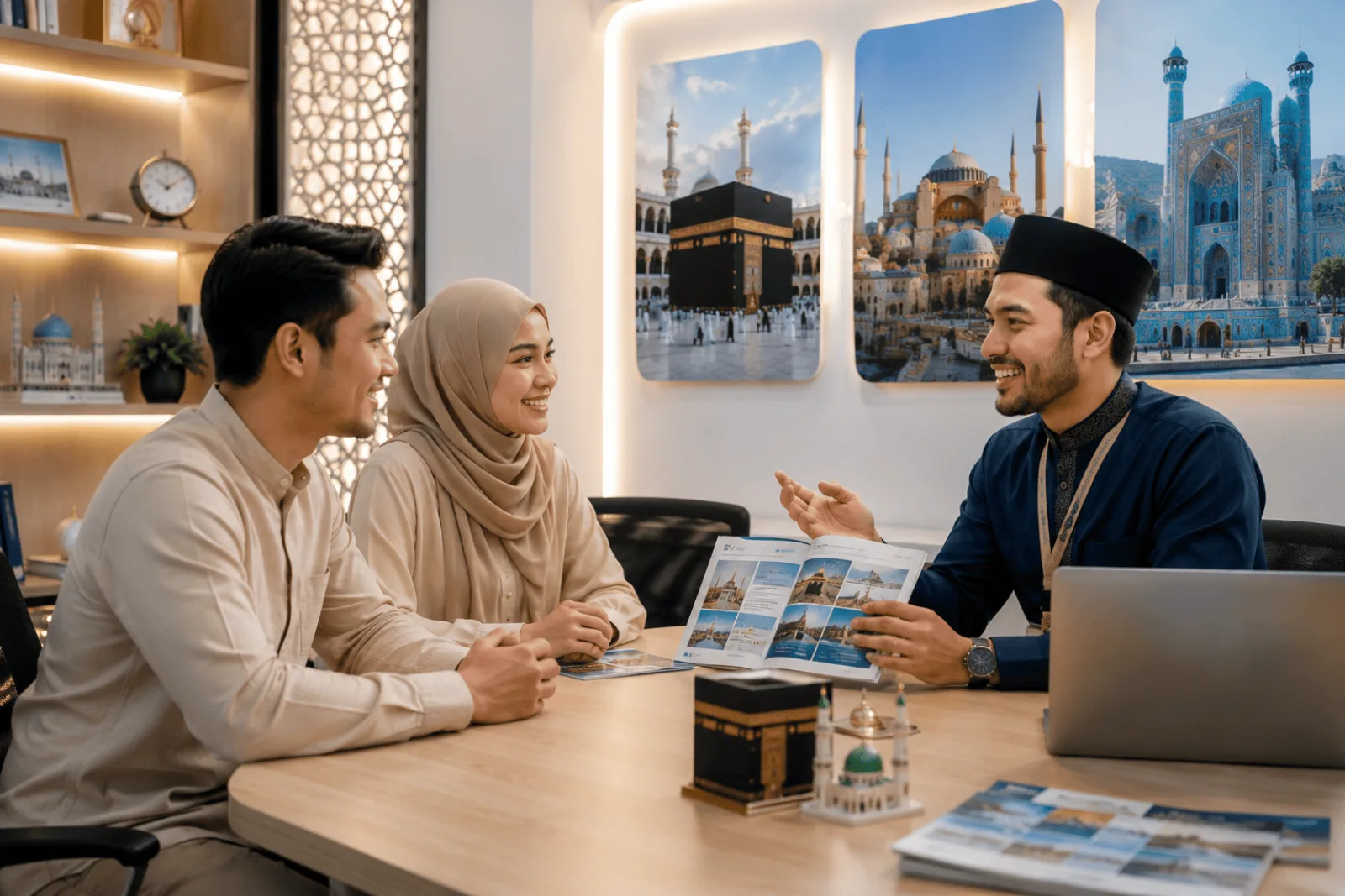 Pasangan jamaah berkonsultasi mengenai perjalanan Umroh Plus